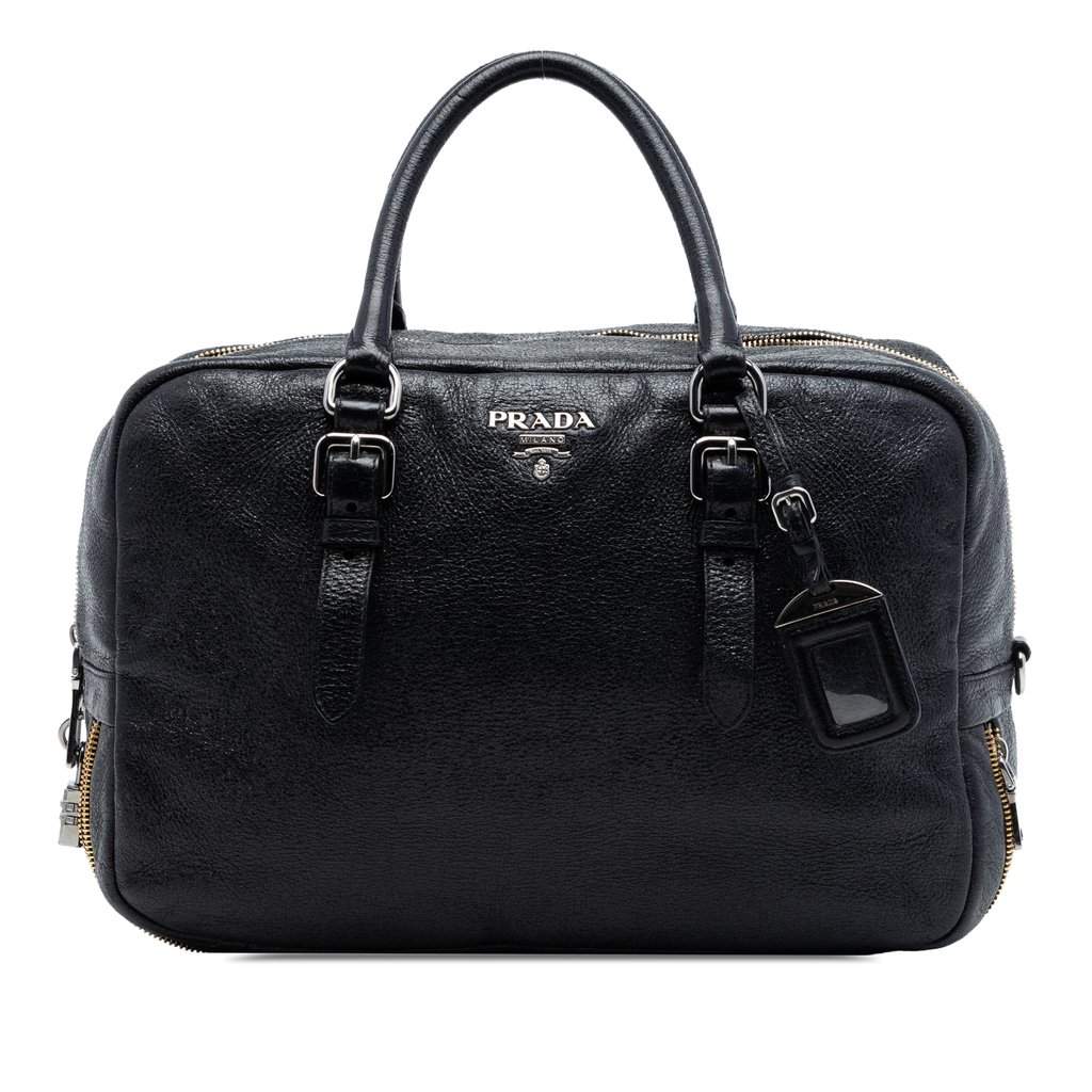 Prada Cervo Lux Bauletto Handbag Black Leather Very good condition - Front View