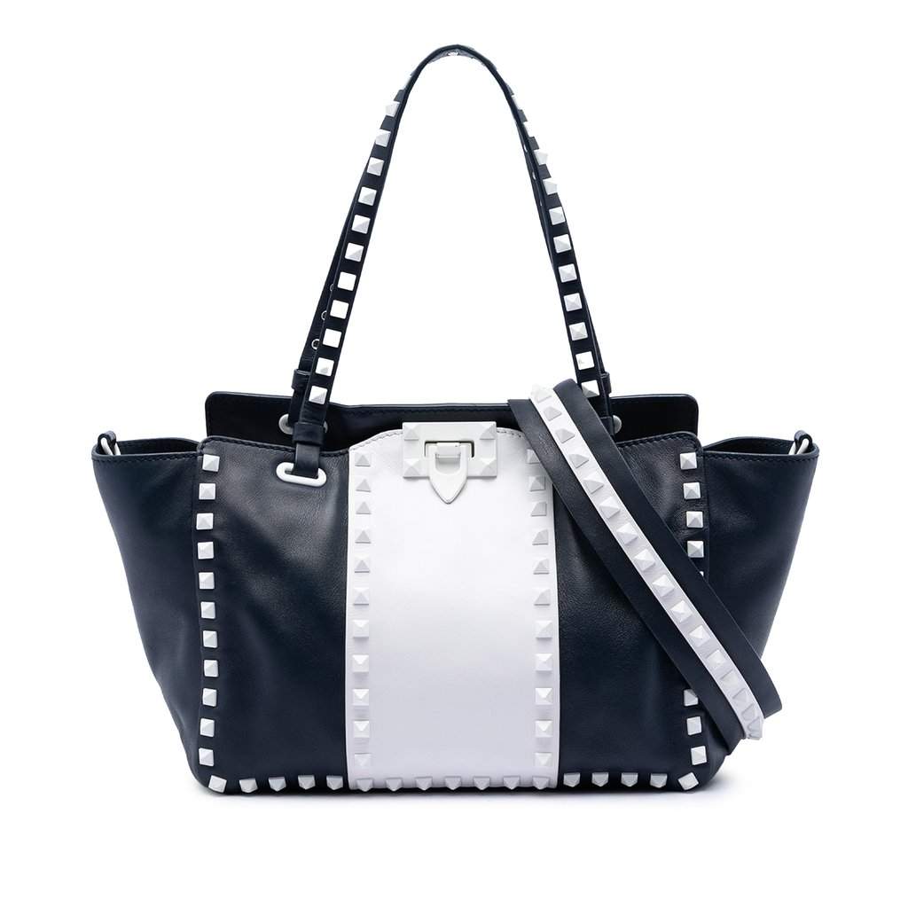 Valentino Small Bicolor Leather Rockstud Double Handle Tote Blue Leather Very good condition - Front View