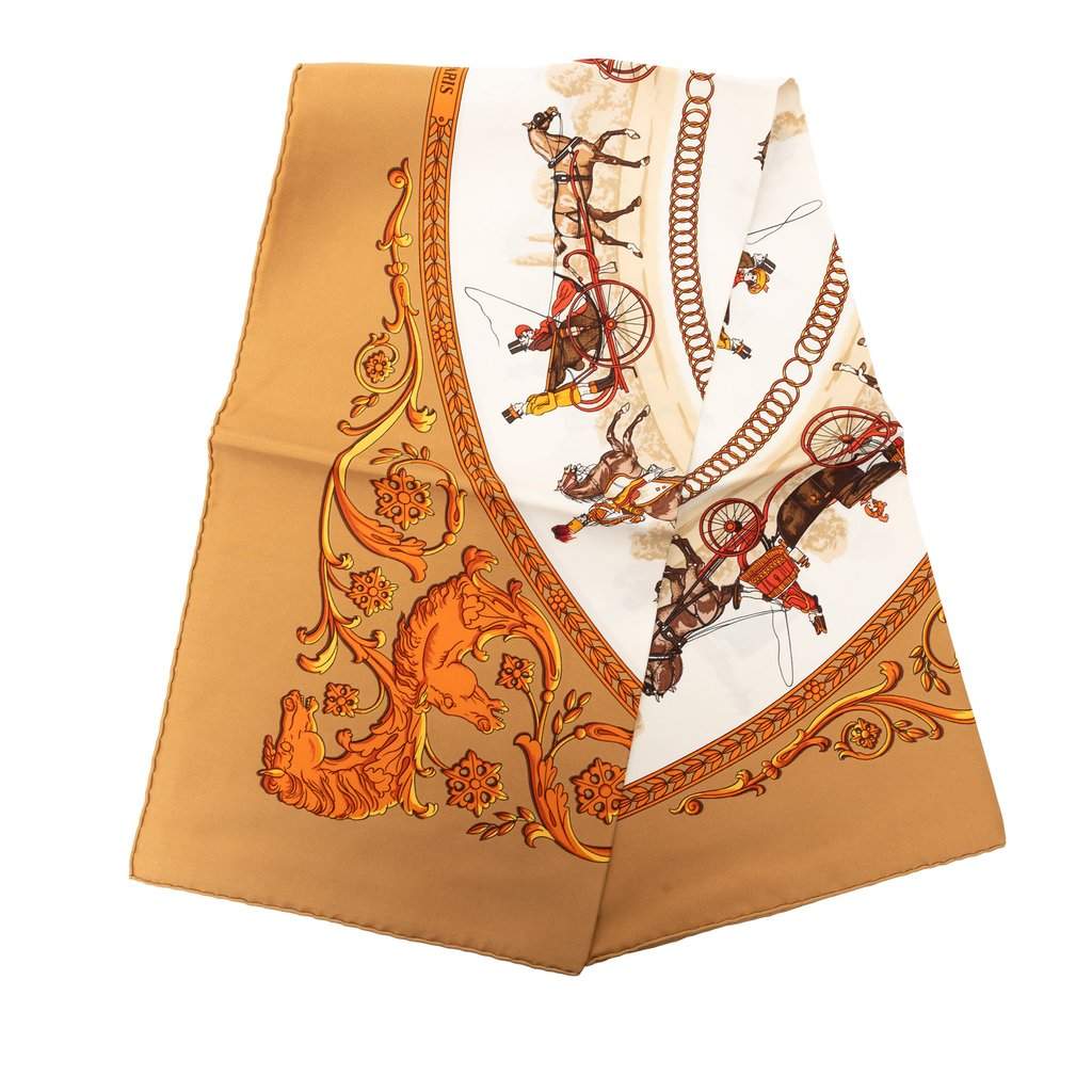 Hermès La Promenade De Longchamps Silk Scarf 90 Beige Very good condition - Front View