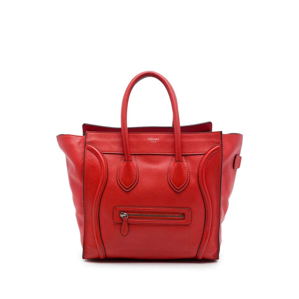 Celine Mini Grained Calfskin Luggage Tote Orange Leather Good - Front View