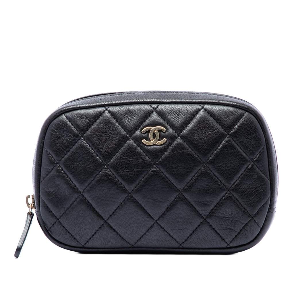 Chanel CC Quilted Lambskin Curvy Cosmetic Case Pouch Black Leather Very good - Front View