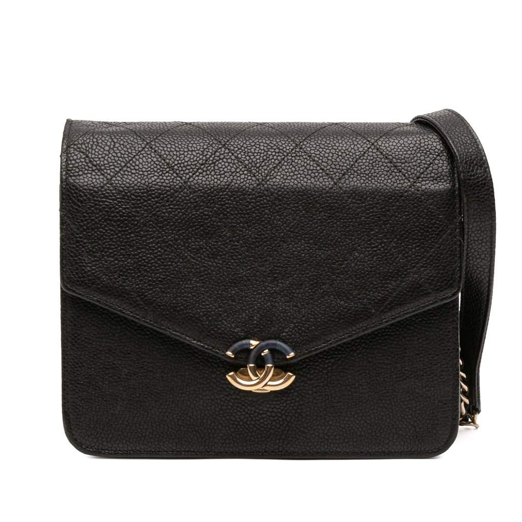 Chanel Paris Cuba Square Quilted Caviar Thread Around Wallet On Chain Black Leather Very good - Front View