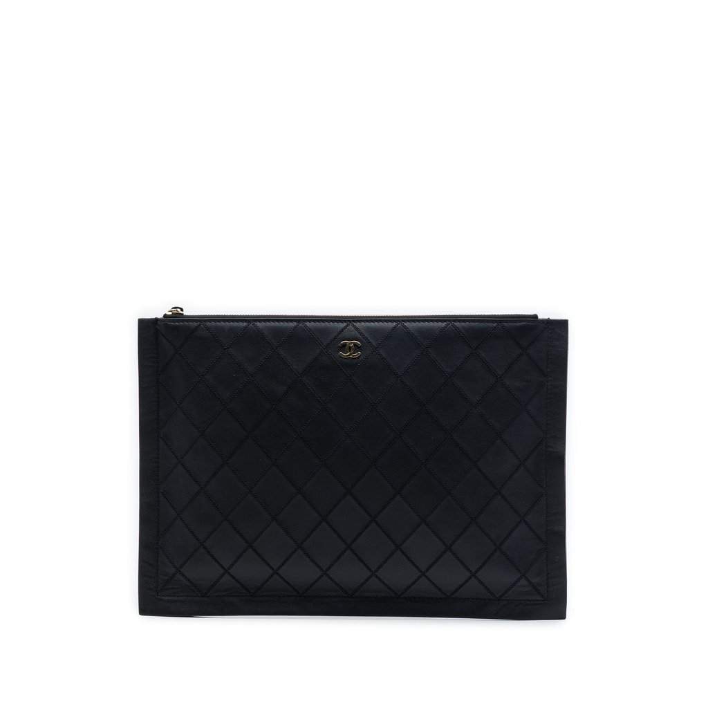 Chanel Large Quilted Stitched Calfskin Zip Pouch Black Leather Very good - Front View