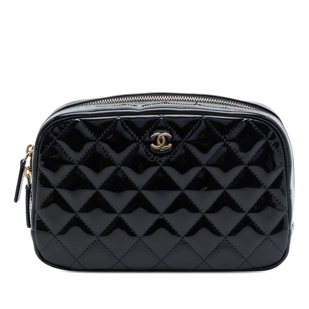 Chanel CC Quilted Patent Cosmetic Pouch Black Leather Very good - Front View
