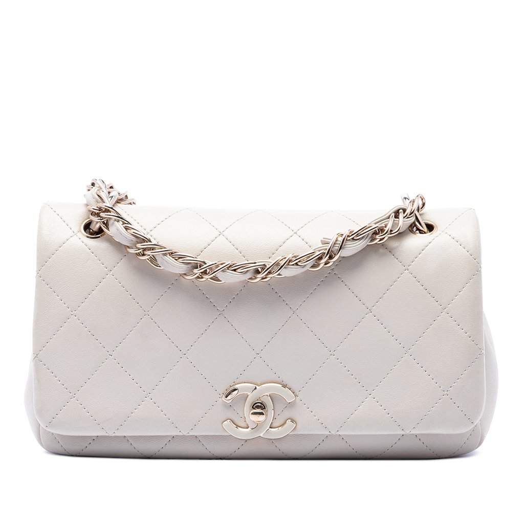 Chanel Large Quilted Lambskin Twist Chain Enamel CC Flap White Leather Very good - Front View