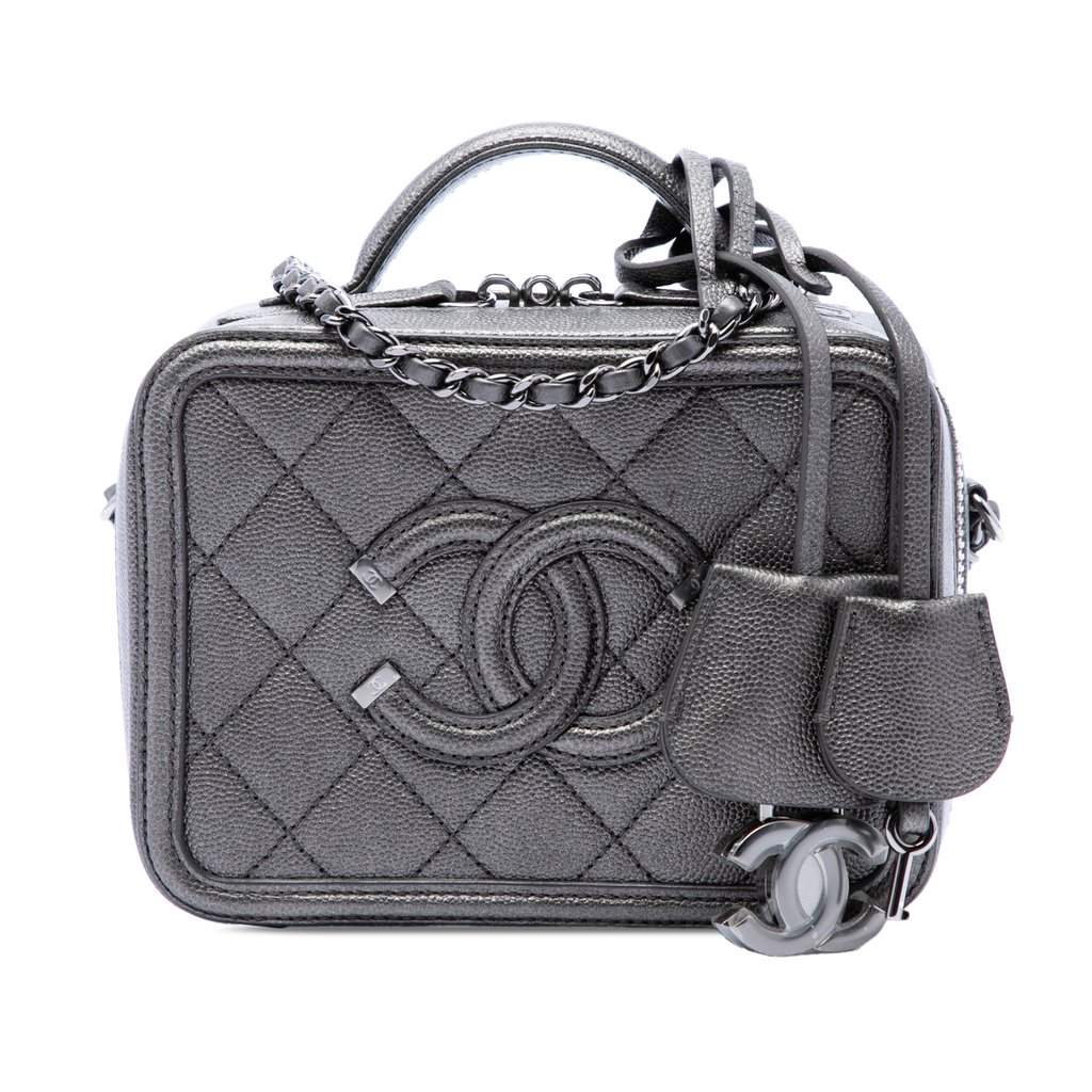 Chanel Small Metallic Caviar CC Filigree Vanity Case Grey Leather Very good condition - Front View