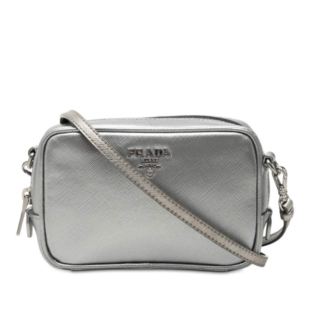 Prada Mini Metallic Saffiano Lux Camera Bag Silver Leather Very good - Front View