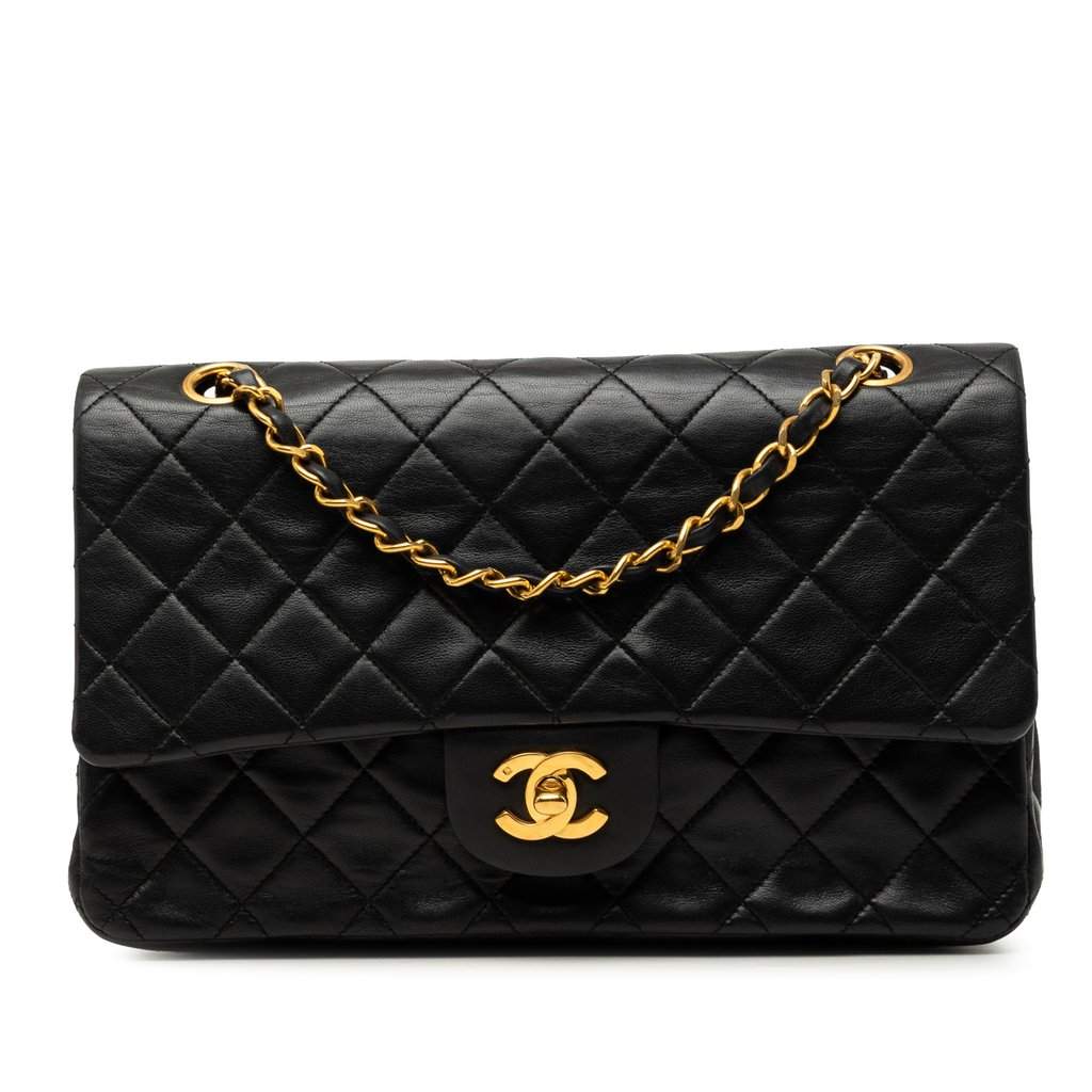 Chanel Medium Classic Lambskin Double Flap Black Leather Very good - Front View