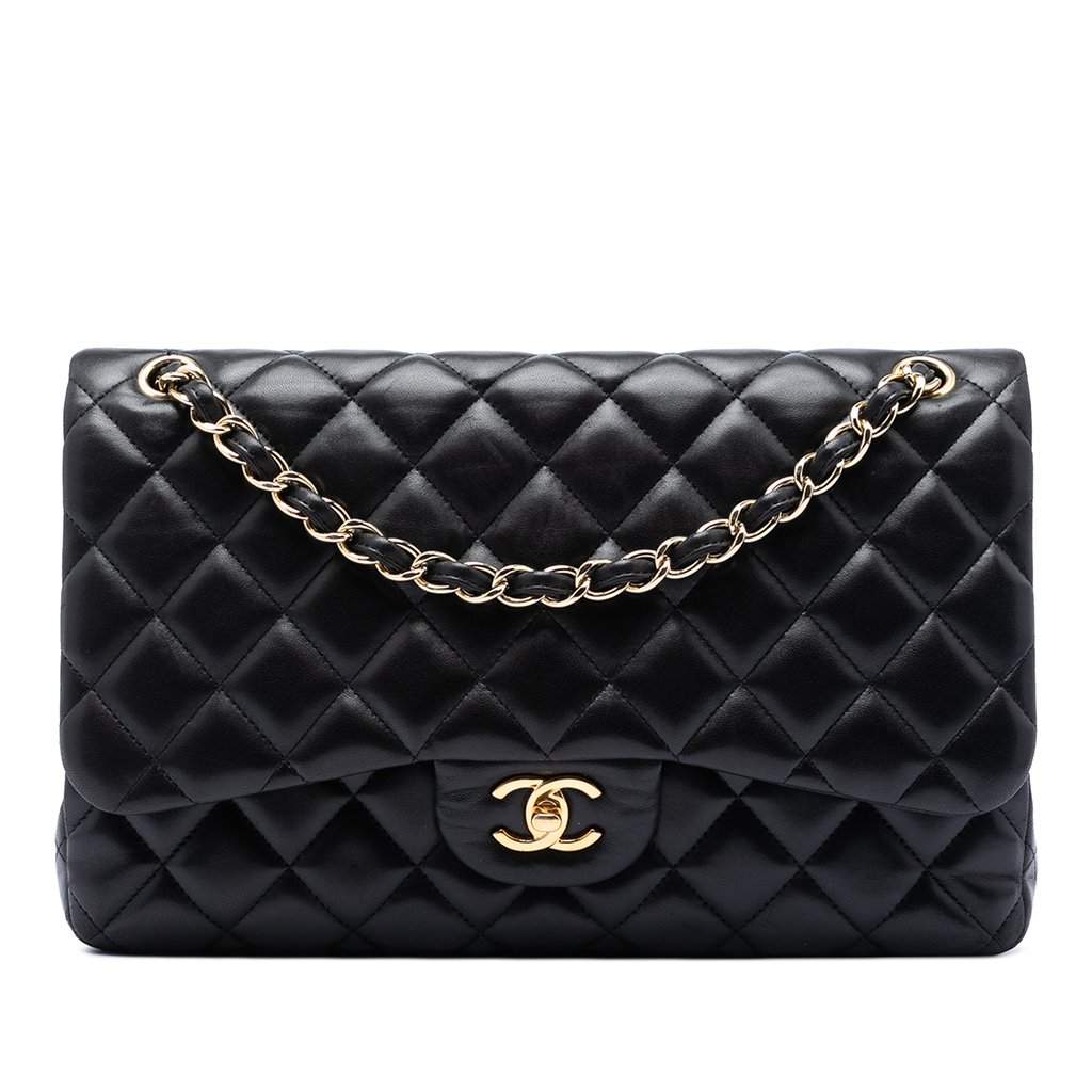 Chanel Jumbo Classic Lambskin Double Flap Black Leather Very good - Front View