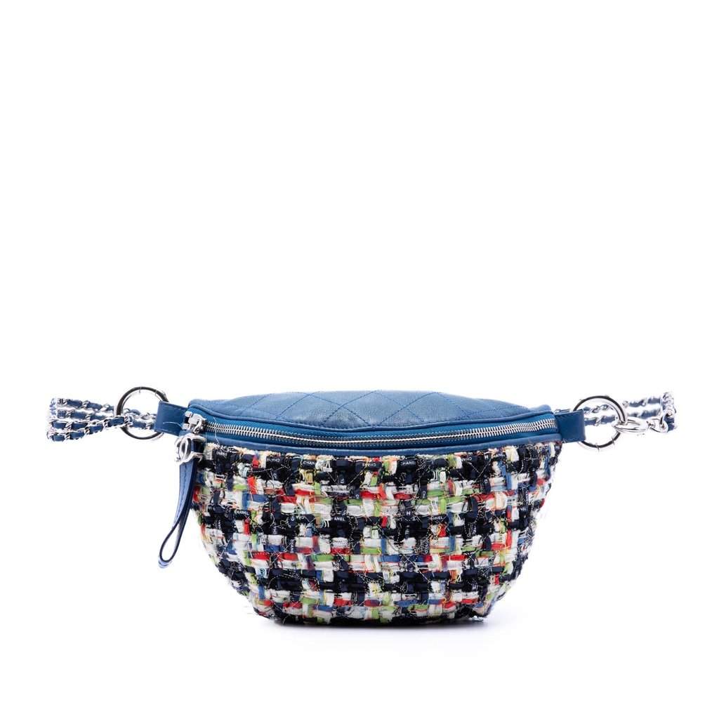 Chanel Tweed and Stitched Calfskin Convertible Waist Bag Blue Very good - Front View