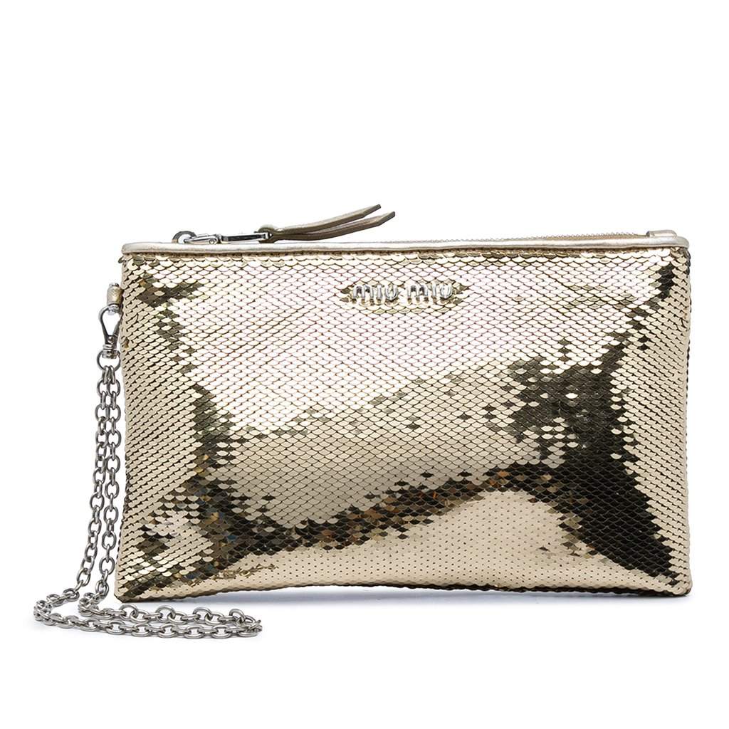 Miu Miu Metallic Sequin Clutch Gold Very good - Front View