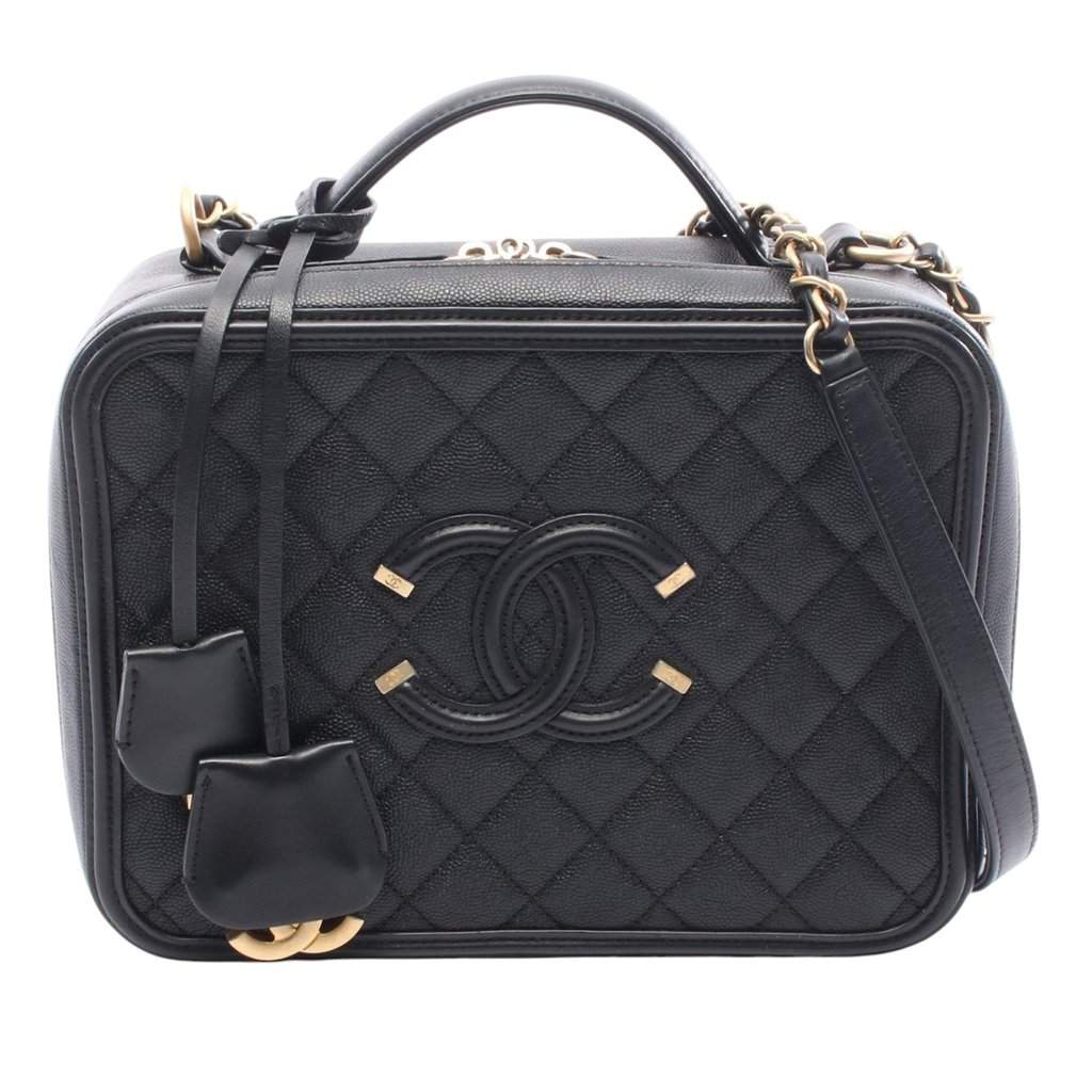 Chanel Large Caviar CC Filigree Vanity Case Black Leather Very good - Front View