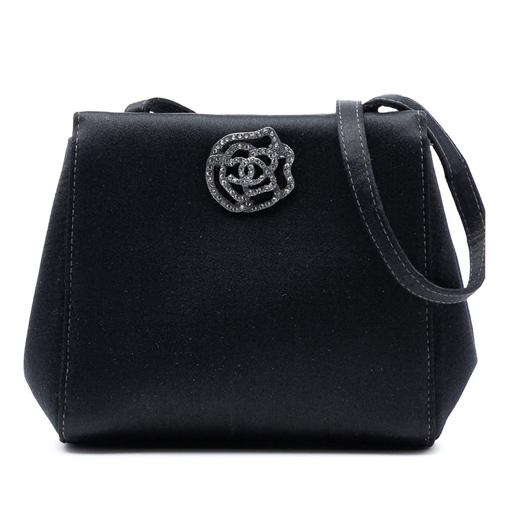 Chanel Satin Camellia Evening Bag Black Very good - Front View