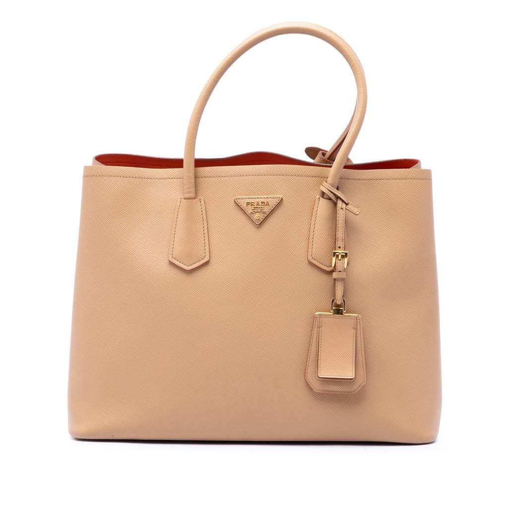 Prada Medium Saffiano Cuir Double Satchel Beige Leather Very good - Front View