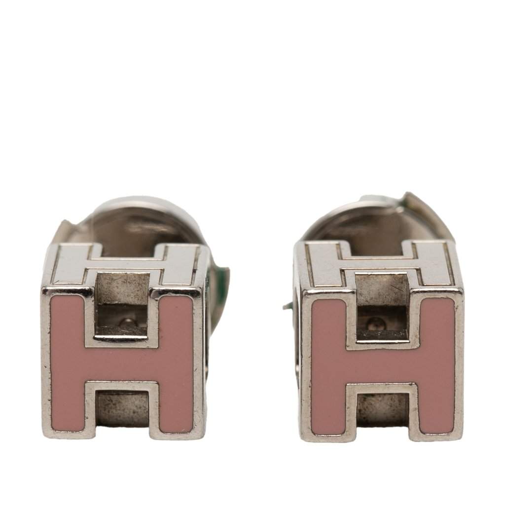 Hermès Palladium Plated Enamel Cage D H Push Back Earrings Pink Metal Very good condition - Front View