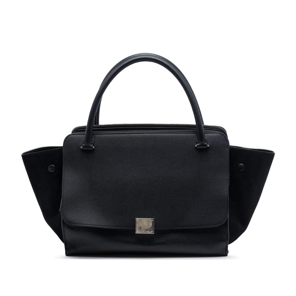 Celine Medium Drummed Calfskin and Suede Trapeze Double Zip Satchel Black Leather Very good condition - Front View