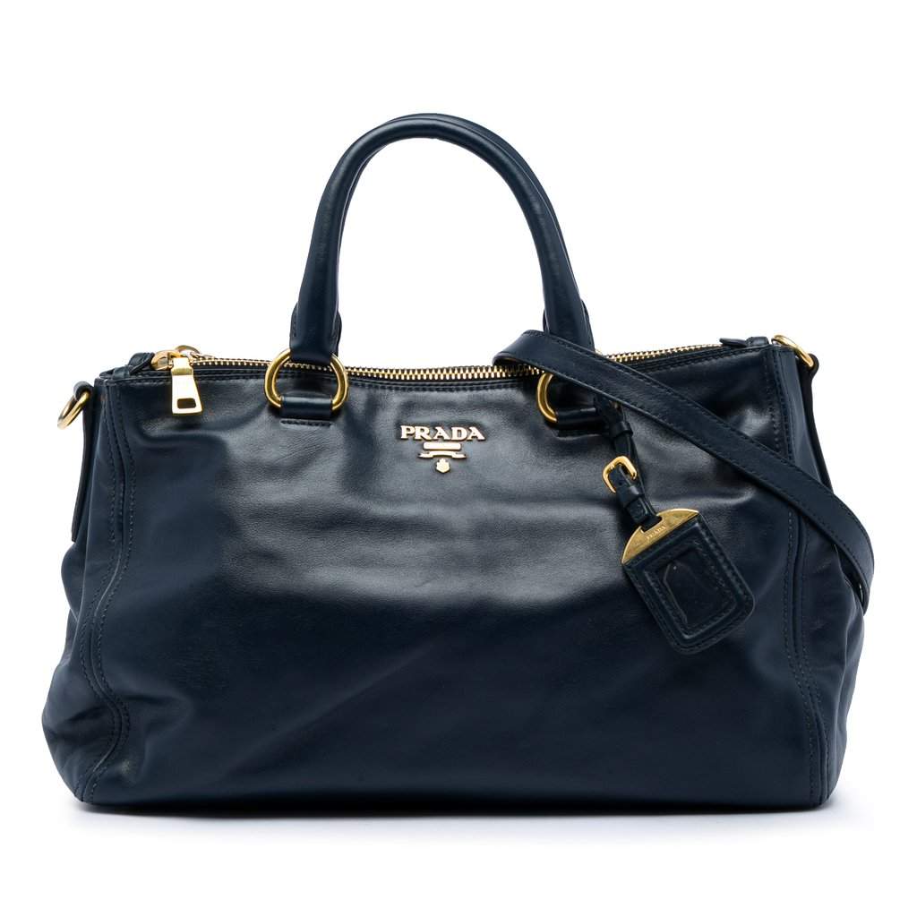 Prada Soft Calf Double Zip Convertible Tote Blue Leather Very good condition - Front View