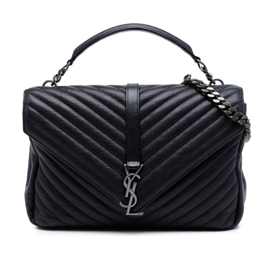 Saint Laurent Large Sheepskin Chevron Monogram Monochrome College Bag Black Leather Very good condition - Front View