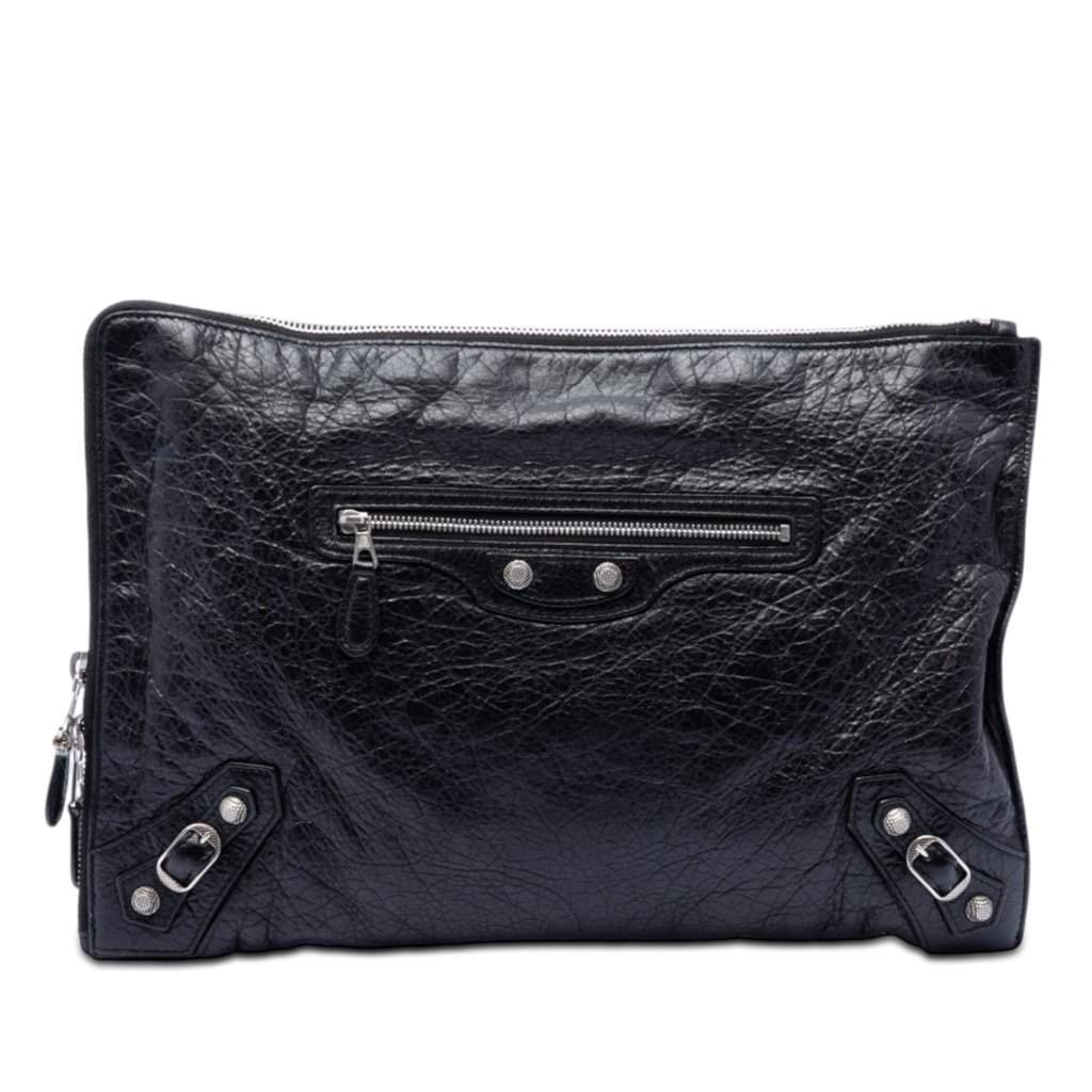 Balenciaga Lambskin Motocross Giant 12 Zip Around Flat Clutch Black Leather Very good - Front View