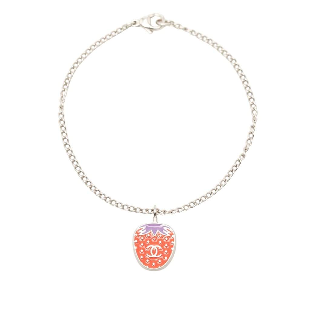 Chanel Brass Plated Resin CC Strawberry Charm Bracelet Silver Metal Very good condition - Front View