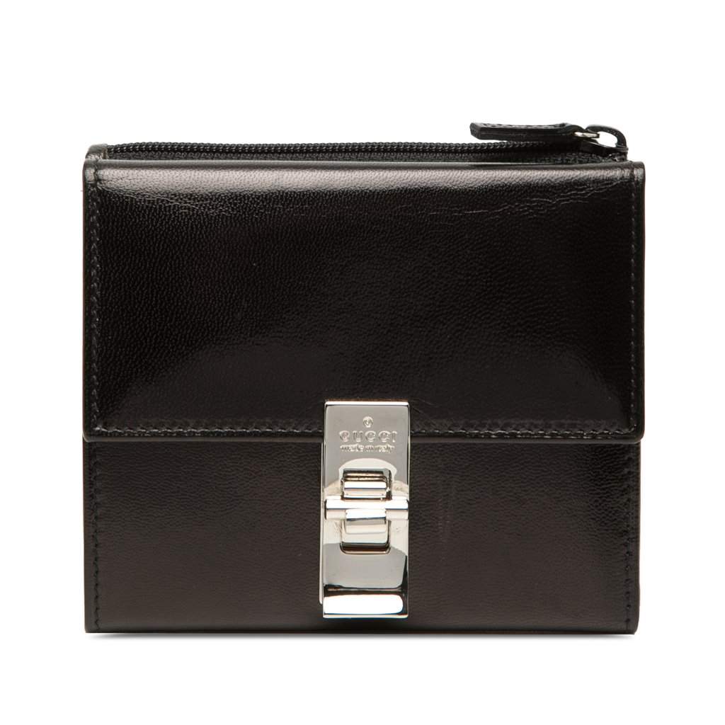 Gucci Calfskin Metal Clasp Bifold Small Wallet Black Leather Very good condition - Front View