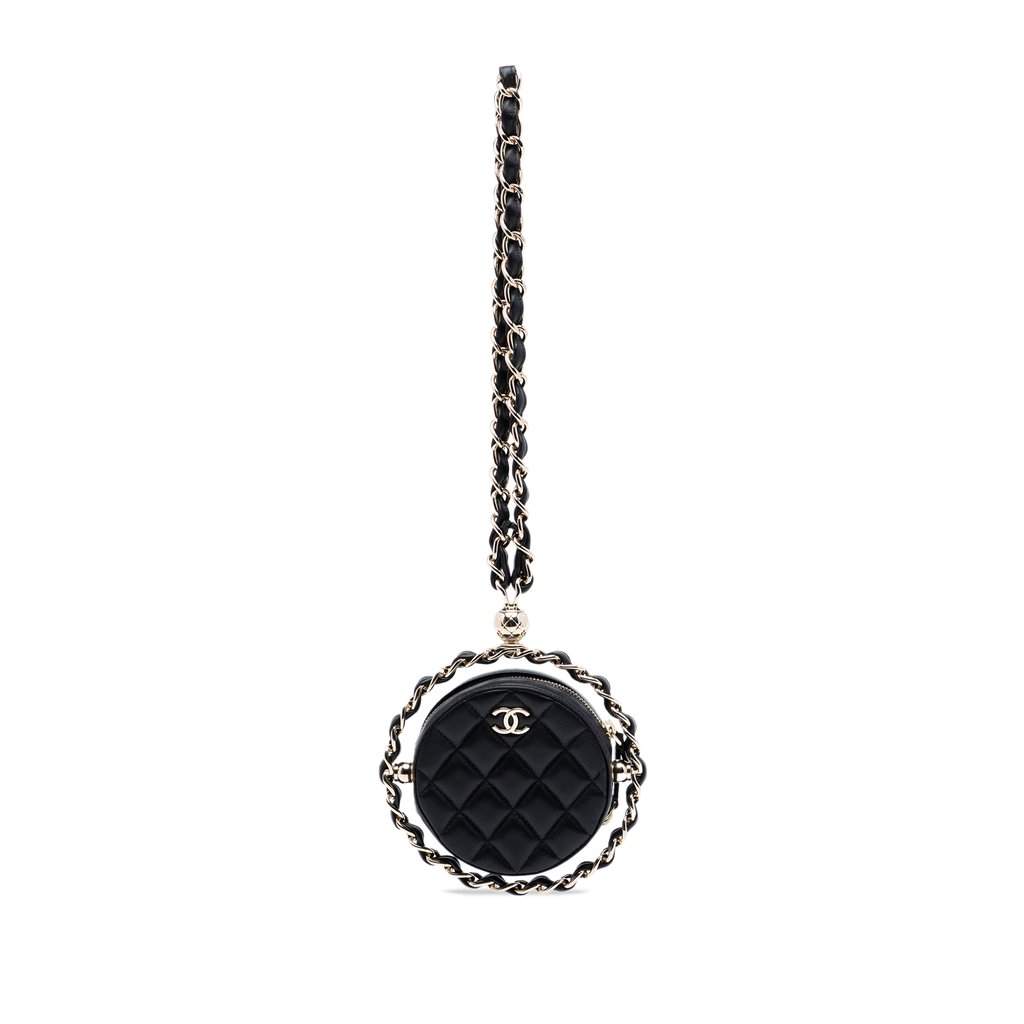 Chanel CC Quilted Lambskin Round Chain Around Clutch With Chain Black Leather Very good condition - Front View