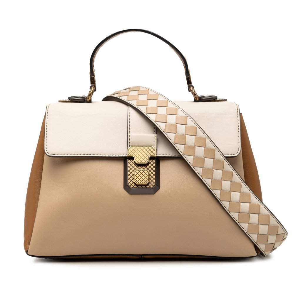 Bottega Veneta Small Tricolor Nappa Piazza Top Handle Satchel Beige Leather Very good condition - Front View