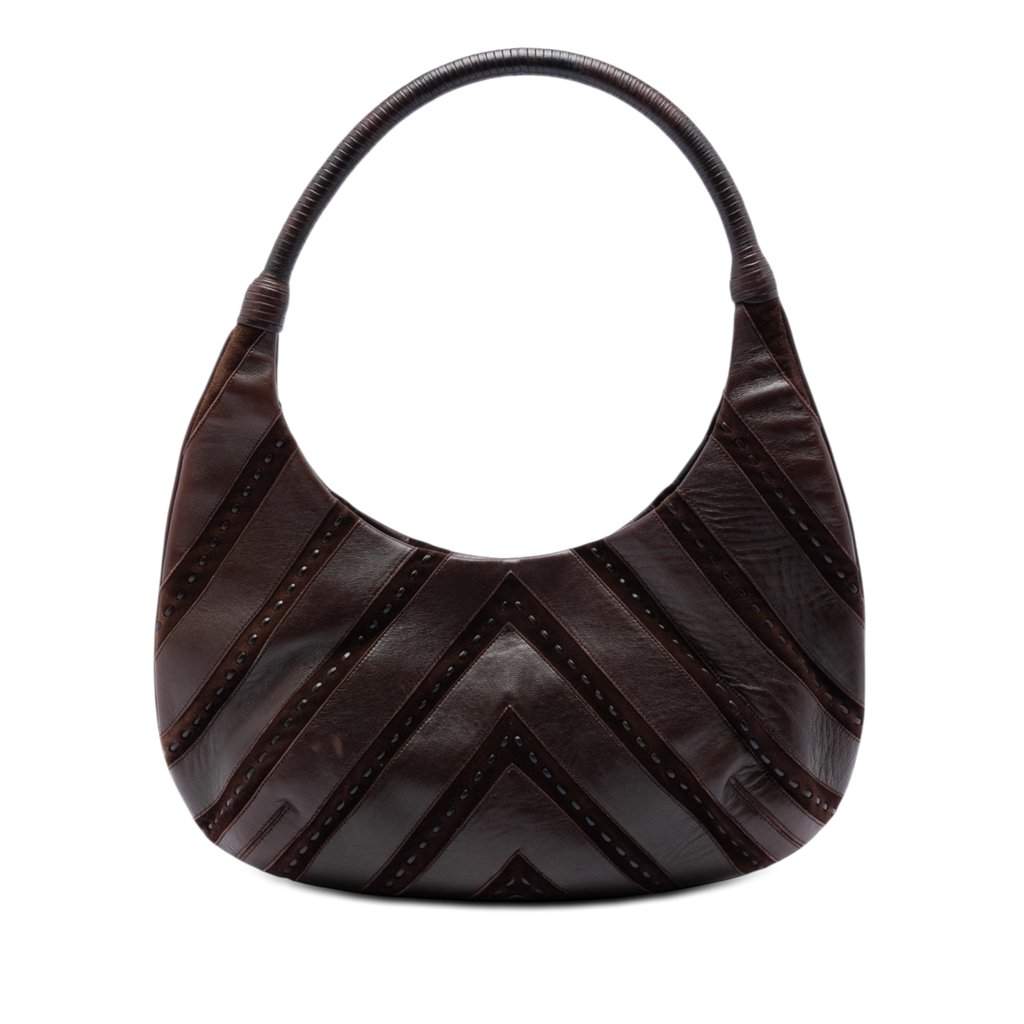 Salvatore Ferragamo Chevron Calfskin and Studded Suede Hobo Brown Leather Very good condition - Front View