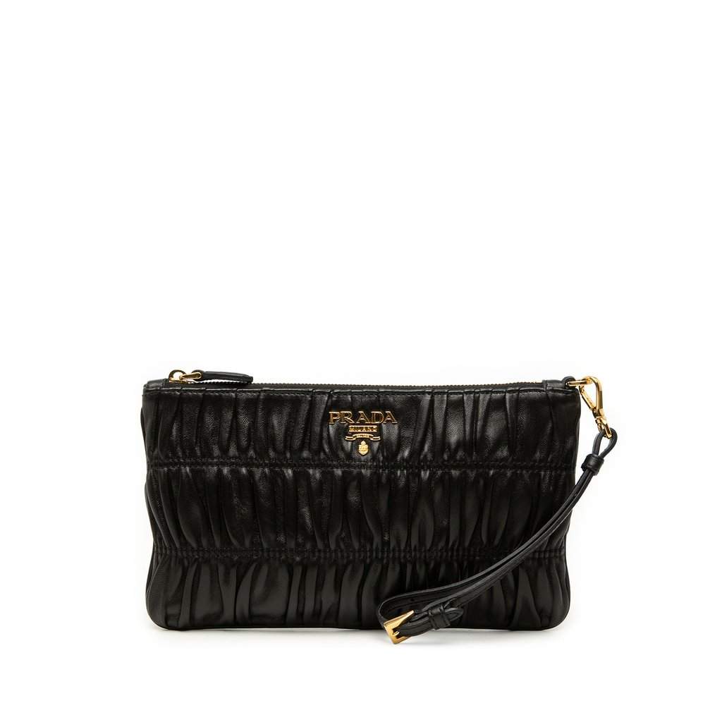 Prada Nappa Gaufre Wristlet Clutch Black Leather Very good condition - Front View