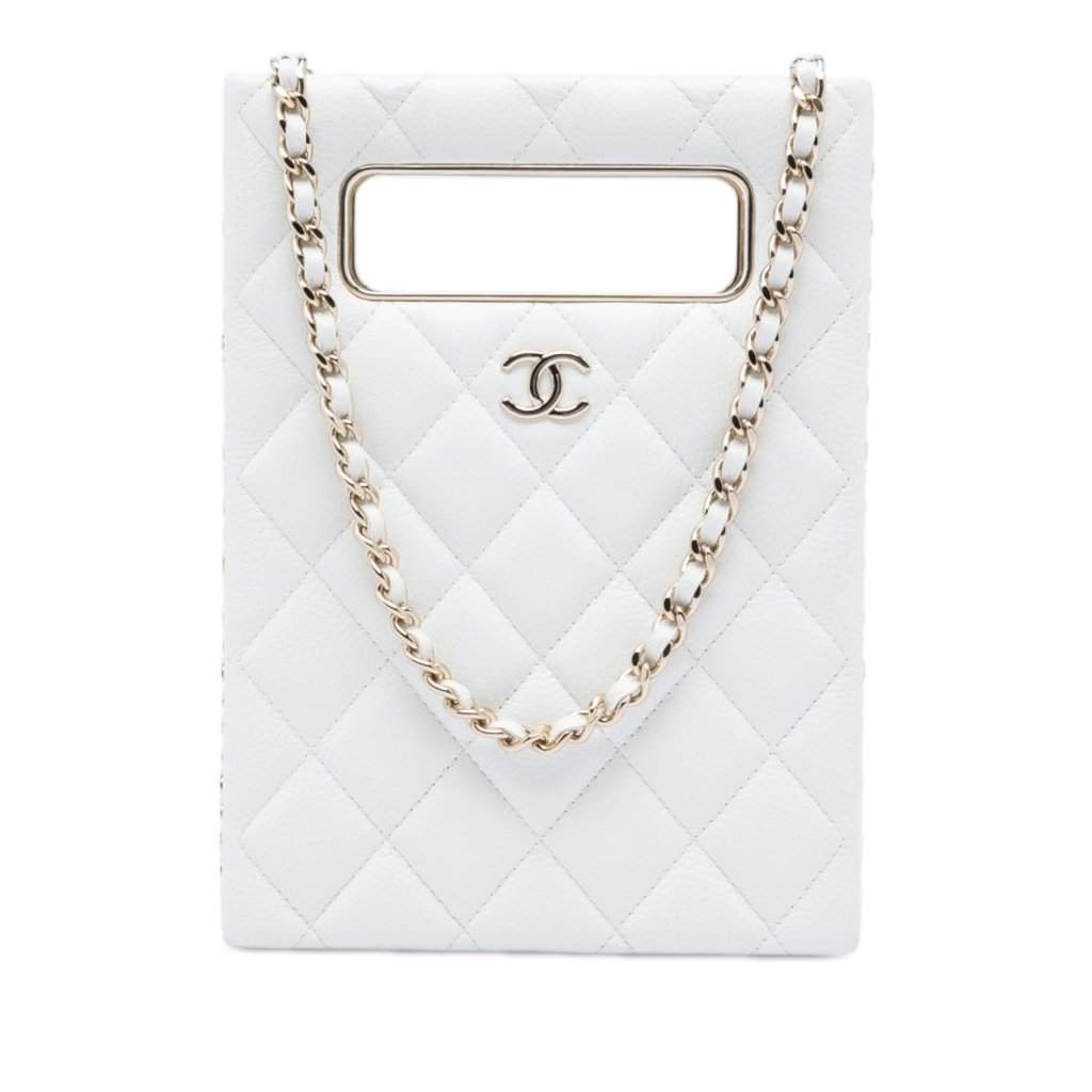 Chanel Mini Quilted Caviar Cut Out Evening Tote White Leather Very good - Front View
