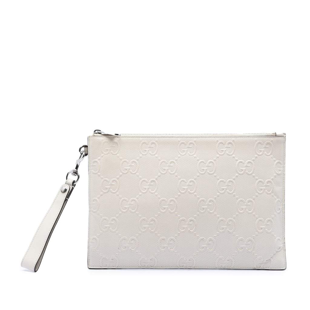 Gucci GG Embossed Perforated Calfskin Wristlet Clutch White Leather Very good condition - Front View