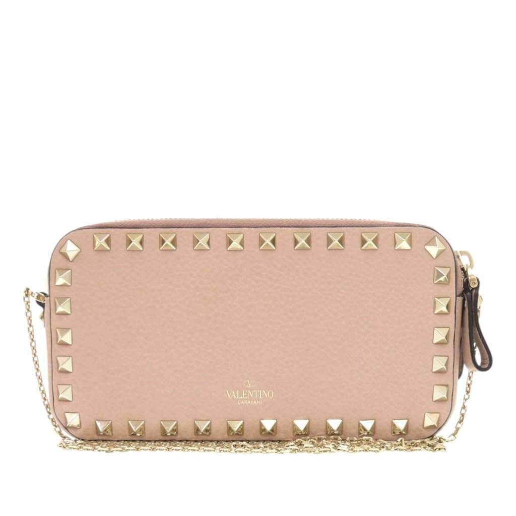 Valentino Pebbled Calfskin Rockstud Double Zip Chain Pouch Brown Leather Very good condition - Front View