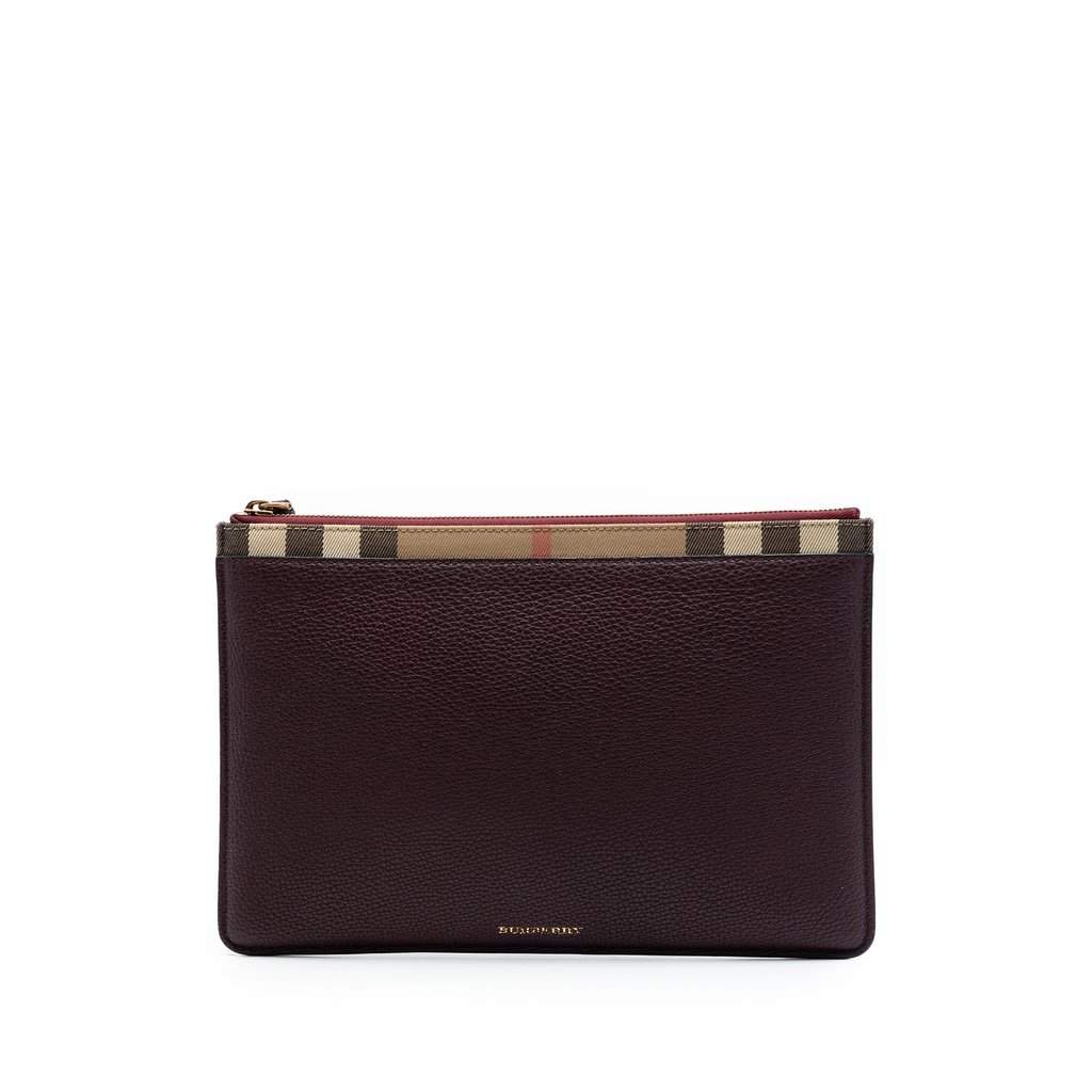 Burberry House Check Canvas Trimmed Grained Calfskin Zip Pouch Red Leather Very good - Front View