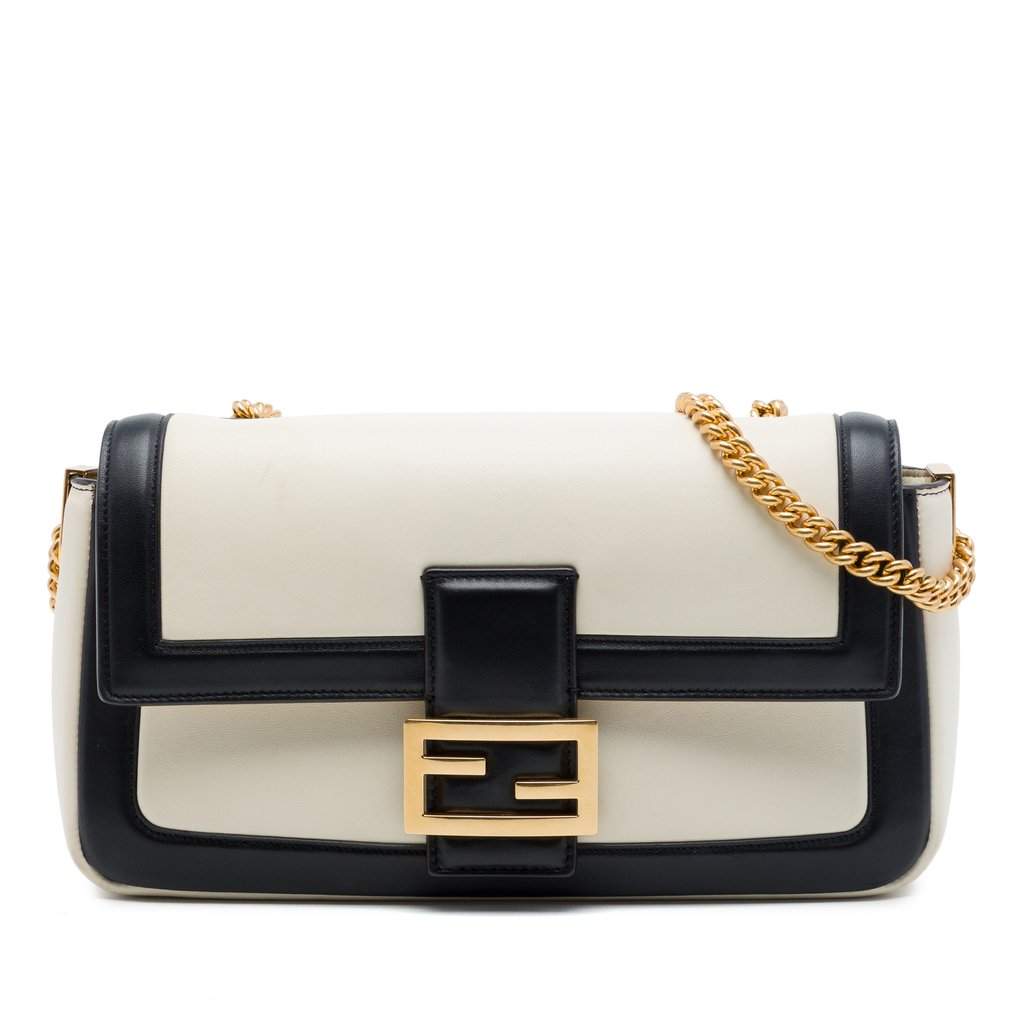 Fendi Bicolor Leather Chain Midi Baguette White Leather Very good condition - Front View