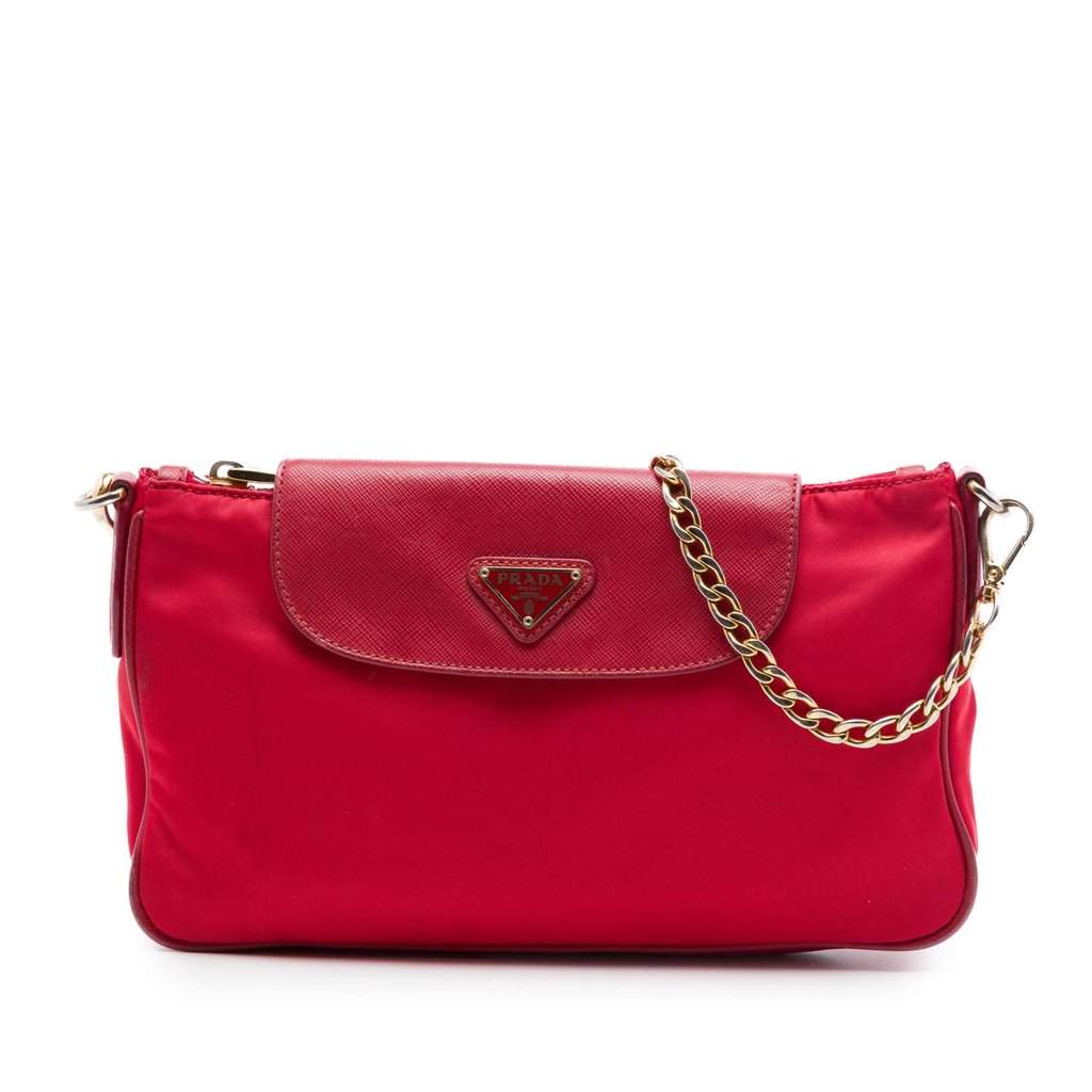 Prada Saffiano Trimmed Tessuto Chain Crossbody Red Very good - Front View