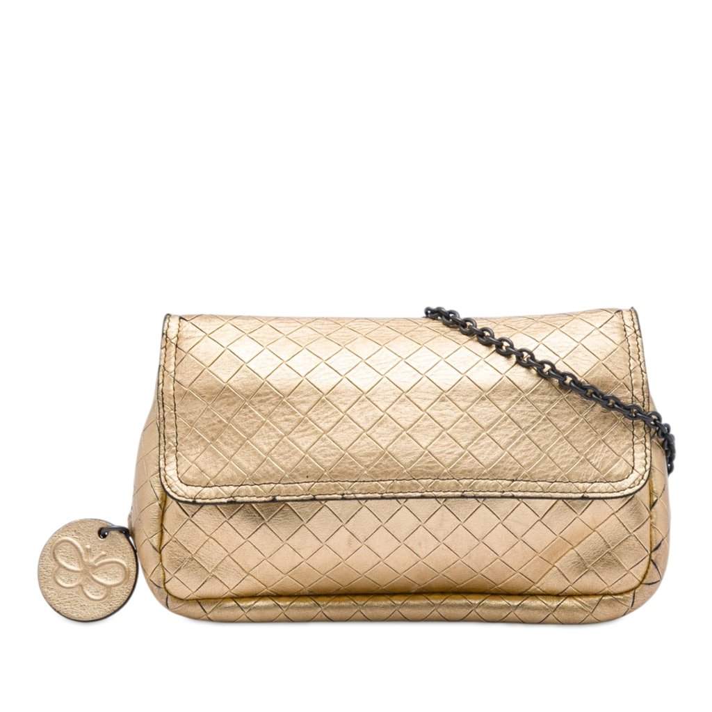 Bottega Veneta Nappa Intrecciomirage Chain Flap Crossbody Gold Leather Very good - Front View