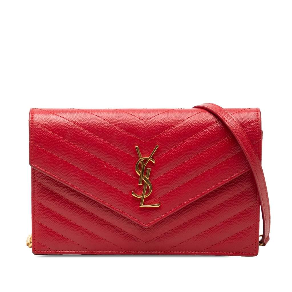 Saint Laurent Grain De Poudre Chevron Monogram Envelope Wallet on Chain Red Leather Very good condition - Front View