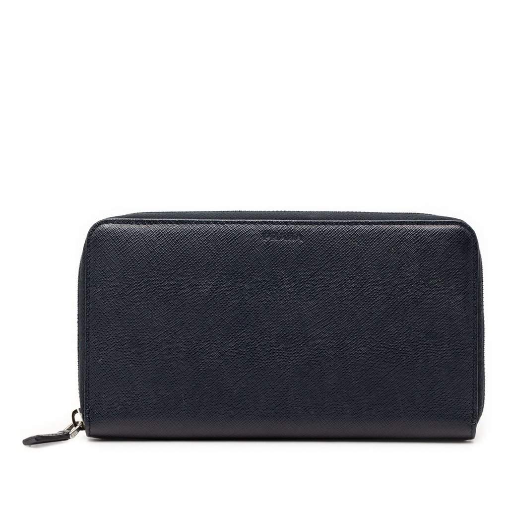Prada Saffiano Zip Around Long Wallet Blue Leather Very good condition - Front View