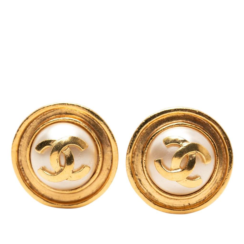 Chanel CC Gold Plated Faux Pearl Clip on Earrings Gold Metal Very good - Front View