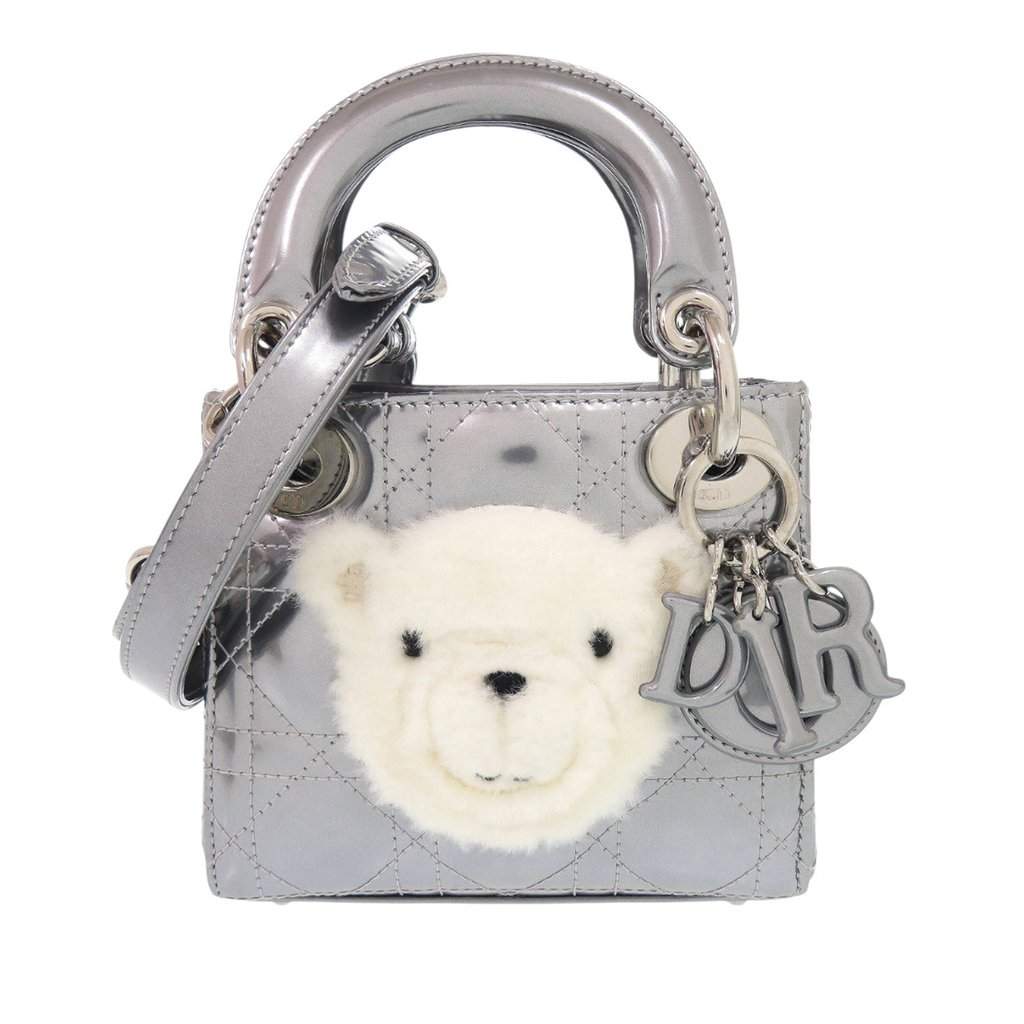 Dior Micro Metallic Patent Cannage Bear Lady Dior Silver Leather Very good condition - Front View