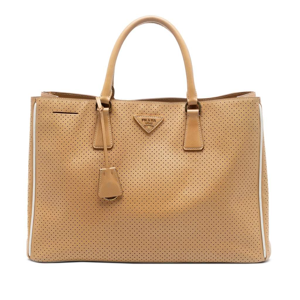 Prada Large Perforated Saffiano Lux Galleria Zip Tote Brown Leather Very good condition - Front View