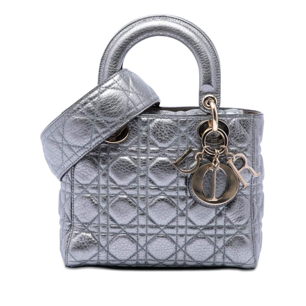 Dior Small Metallic Grained Calfskin Cannage Supple Lady Dior Silver Leather Very good condition - Front View
