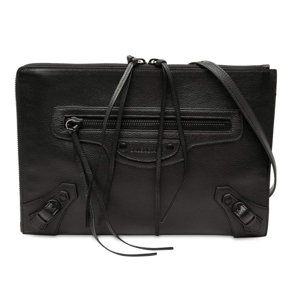 Balenciaga Grained Calfskin Neo Classic Compact Clutch with Strap Black Leather Very good - Front View