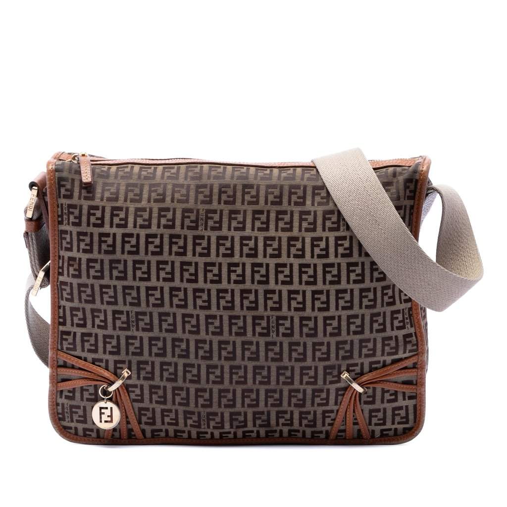 Fendi Zucchino Canvas F Charm Crossbody Beige Very good - Front View