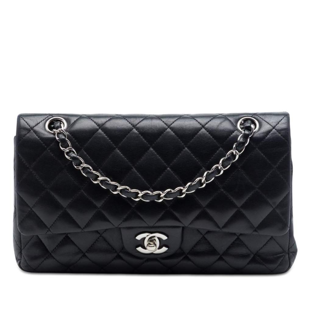 Chanel Medium Classic Lambskin Double Flap Black Leather Very good - Front View