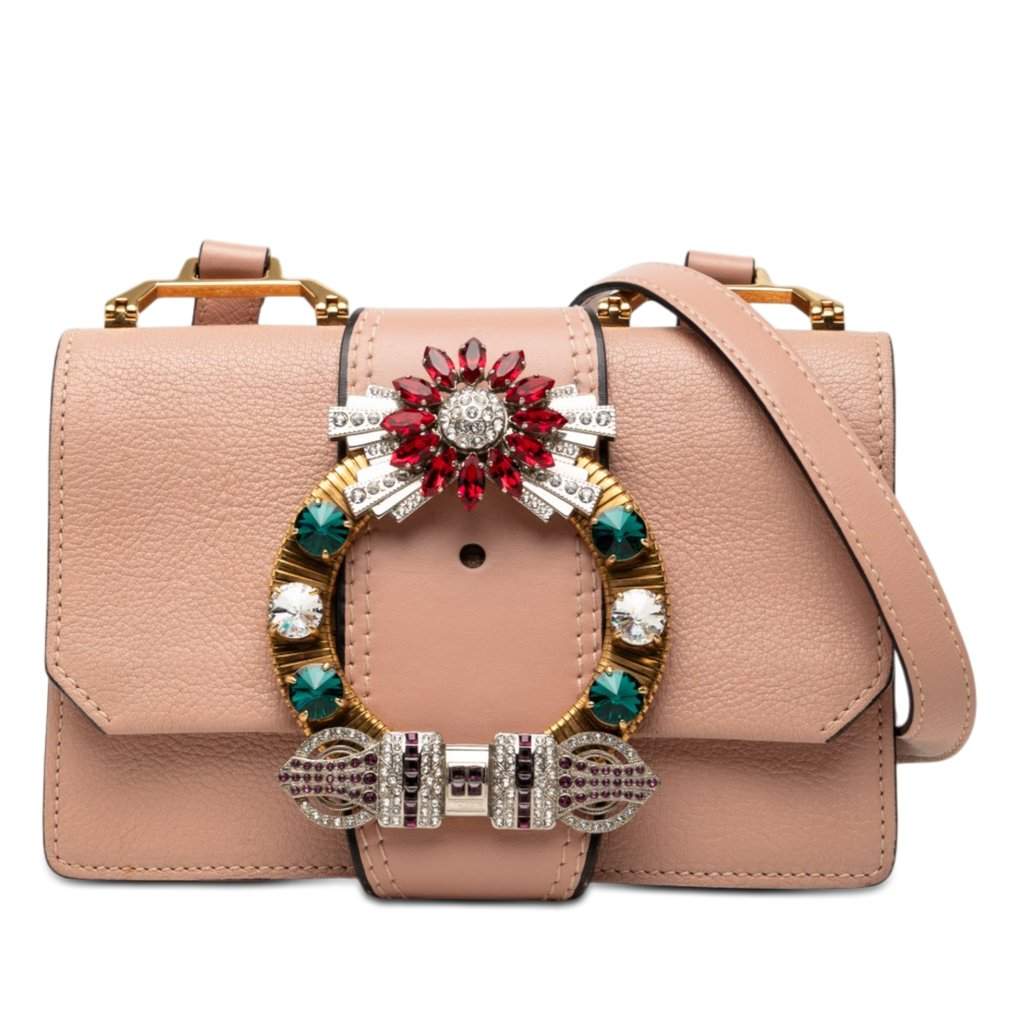 Miu Miu Goatskin Madras Soft Calf Crystal Embellished Crossbody Pink Leather Very good condition - Front View