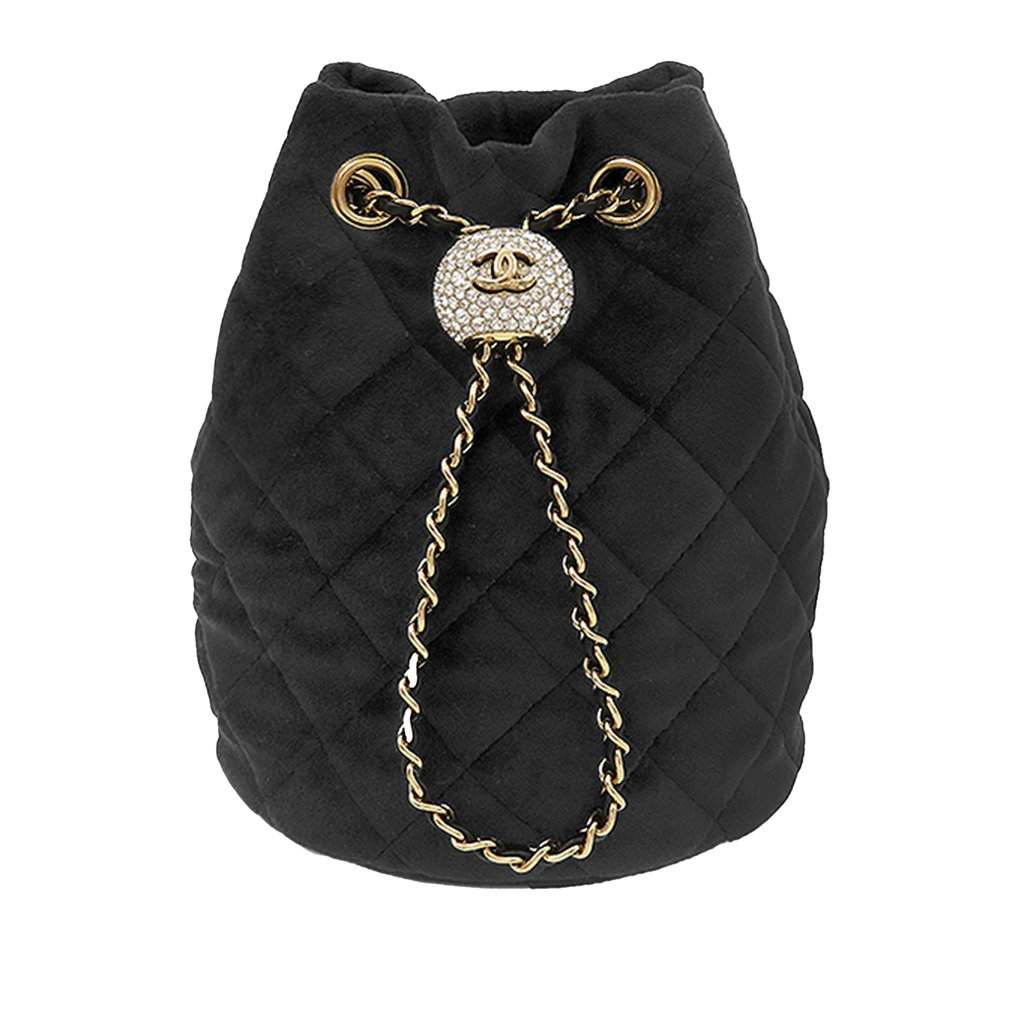 Chanel Quilted Velvet Crystal Pearl Crush Bucket Bag Black Very good condition - Front View