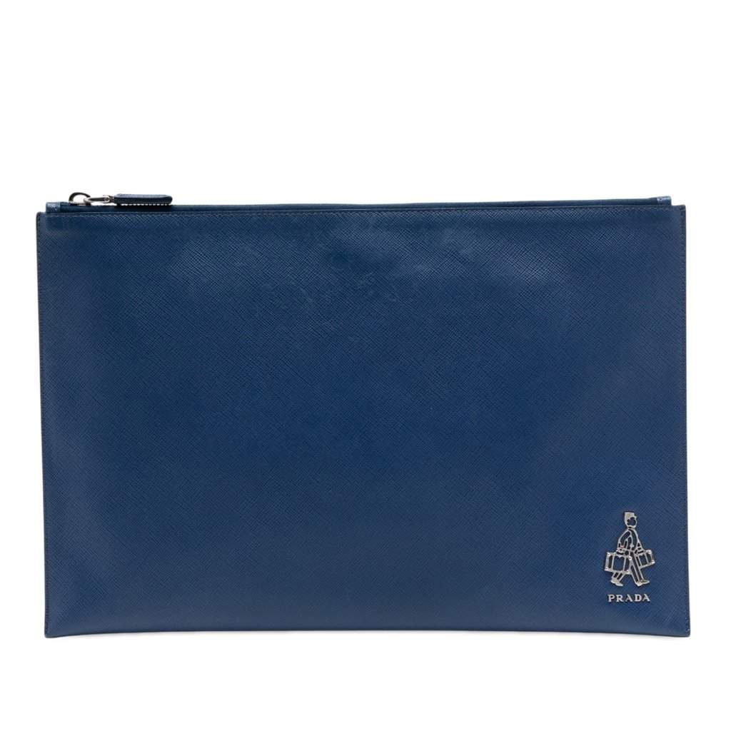 Prada Saffiano Bellboy Voyage Clutch Blue Leather Very good condition - Front View
