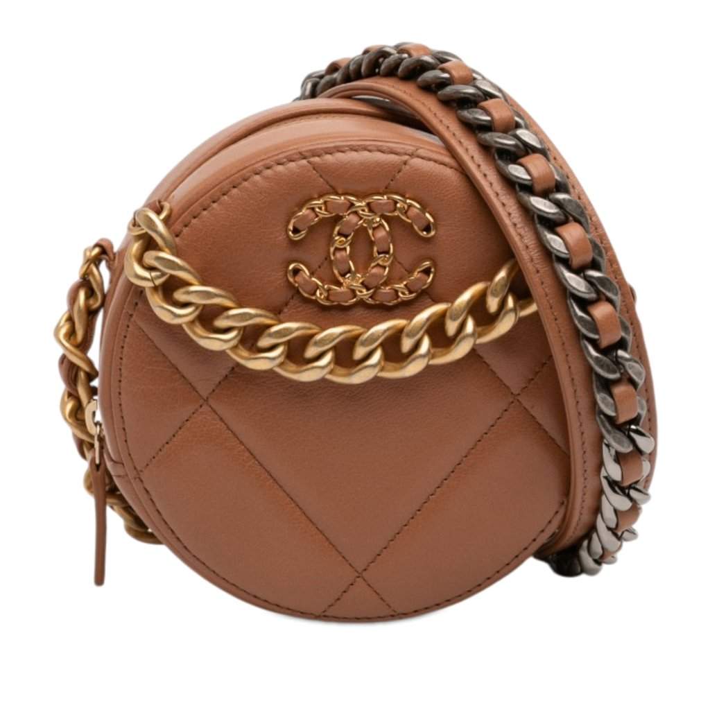 Chanel Mini Round 19 Clutch with Strap Brown Leather Very good condition - Front View