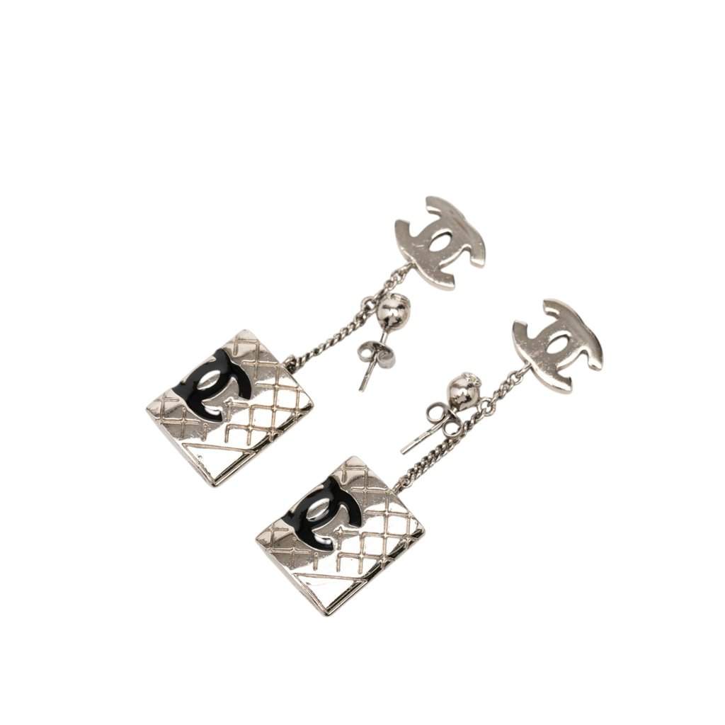 Chanel CC Brass Cambon Ligne Drop Pushback Earrings Silver Metal Very good condition - Front View
